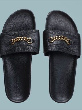 Tom Ford Black Leather Slide Sandals with Gold Chain Detail